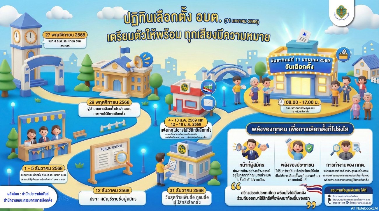 ปฏิทินเลือกตั้ง อบต. 2569 | เตรียมตัวให้พร้อม ทุกเสียงมีความหมาย สำนักงานคณะกรรมการการเลือกตั้ง แจ้งกำหนดการสำคัญสำหรับการเลือกตั้งสมาชิกสภาองค์การบริหารส่วนตำบล และนายกองค์การบริหารส่วนตำบล